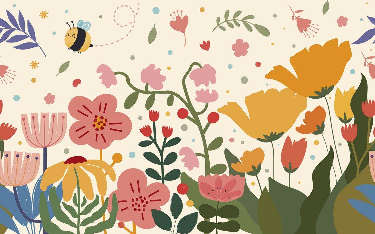 Détail du motif du papier peint panoramique Jardin et abeille