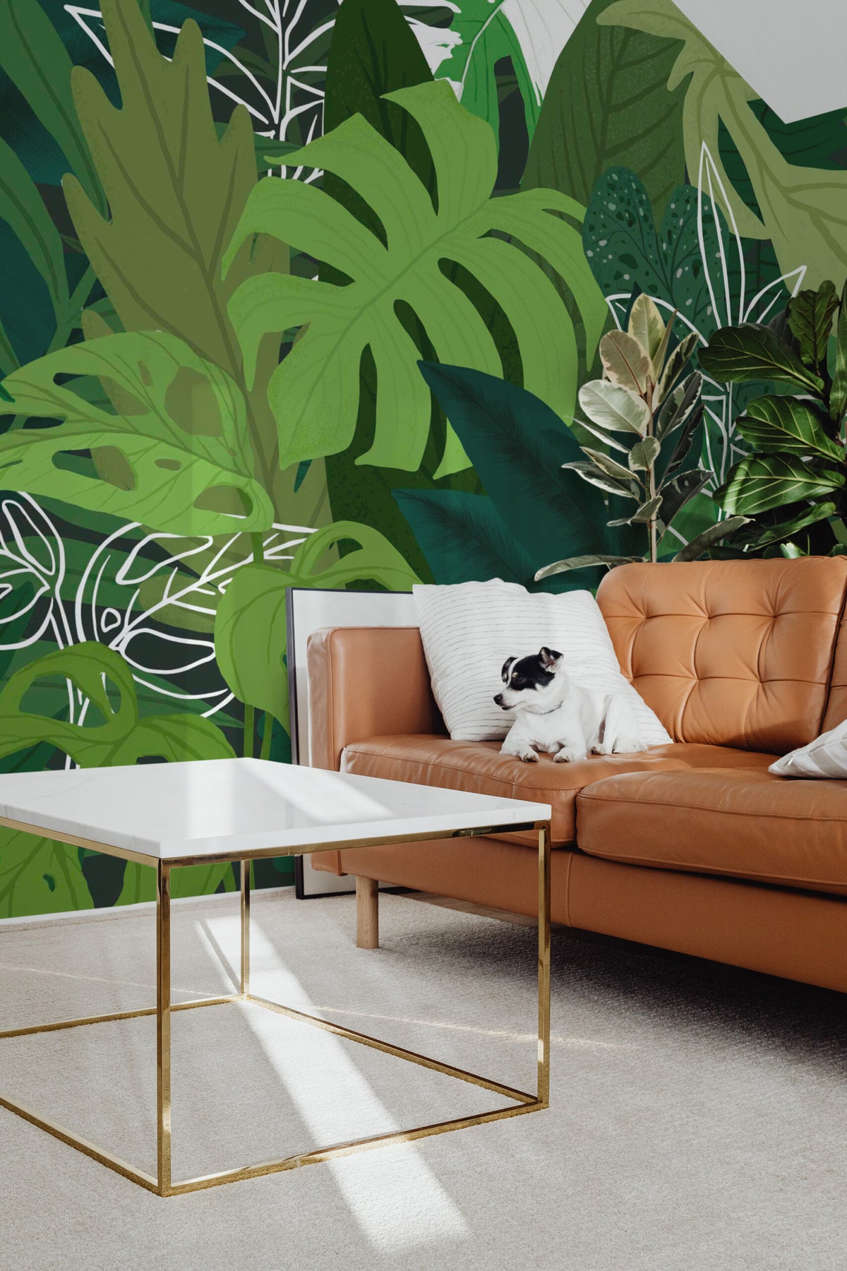 Papier peint panoramique jungle — canopée de monstera vert profond