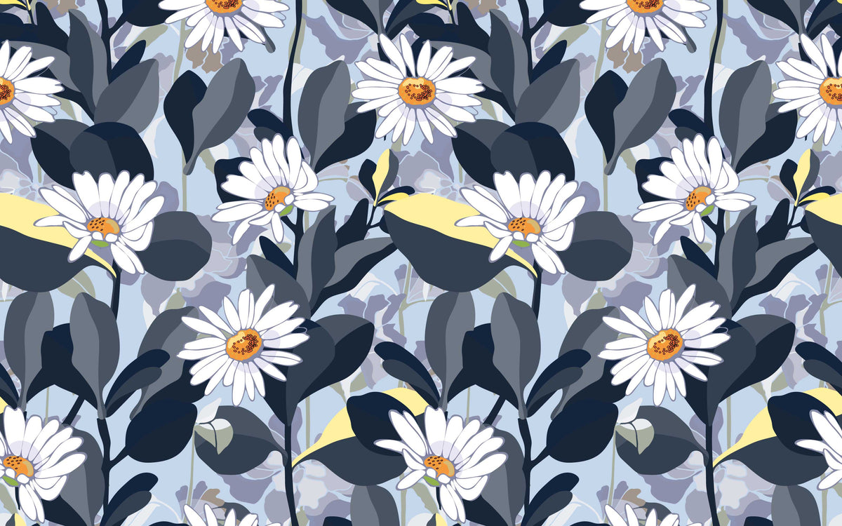 Détail du motif du papier peint panoramique Marguerites