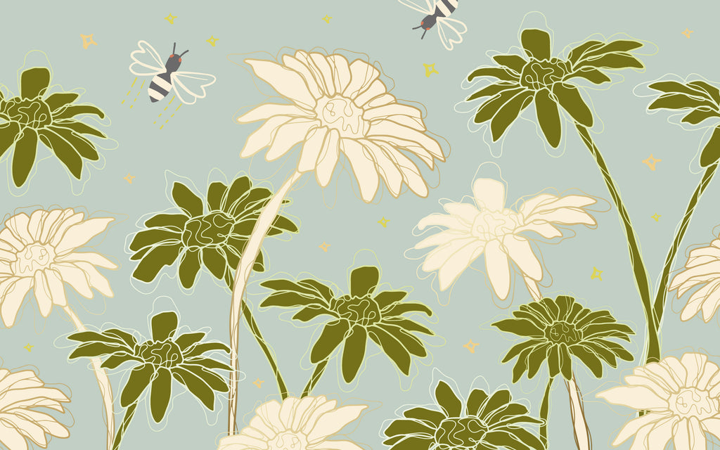 Détail du motif du papier peint panoramique Marguerites et abeilles