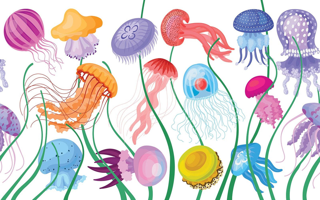 Détail du motif du papier peint panoramique Méduses colorées