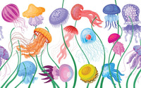 Détail du motif du papier peint panoramique Méduses colorées