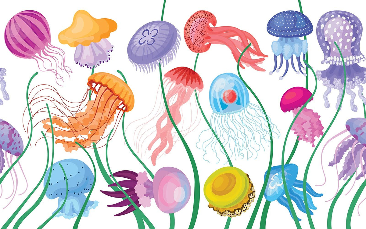 Détail du motif du papier peint panoramique Méduses colorées