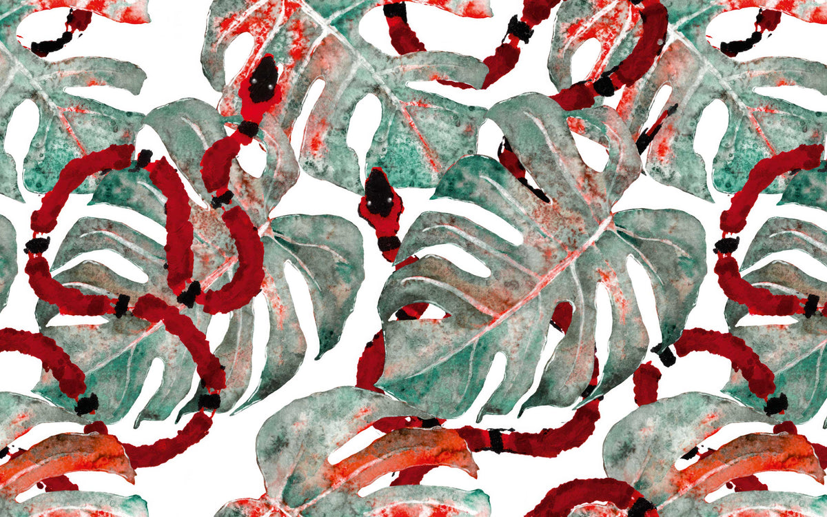 Détail du motif du papier peint panoramique Monstera et serpents