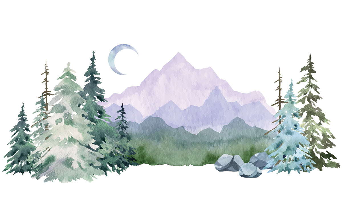 Détail du motif du papier peint panoramique Montagne et sapins