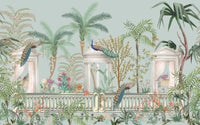 Détail du motif du papier peint panoramique Paons au jardin