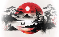 Détail du motif du papier peint panoramique Paysage japonais au soleil rouge