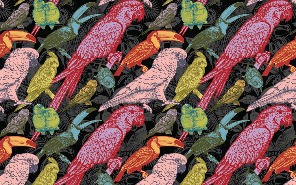 Détail du motif du papier peint panoramique Perroquets et toucans