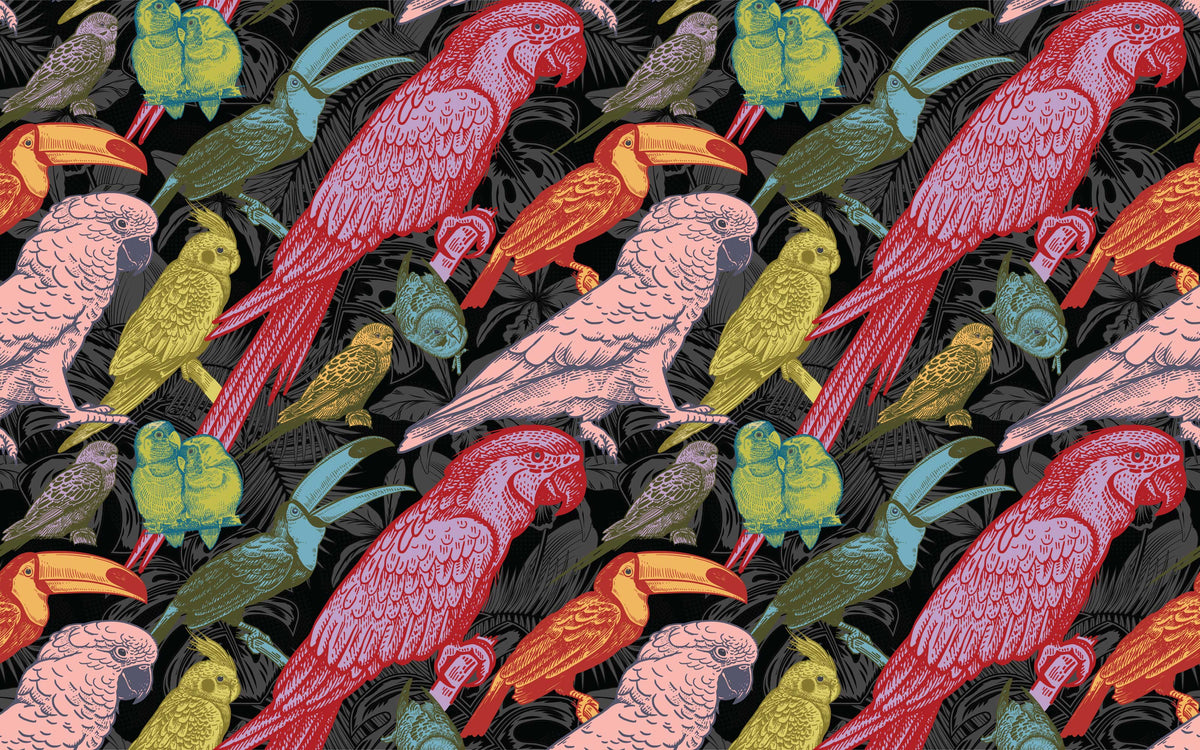 Détail du motif du papier peint panoramique Perroquets et toucans