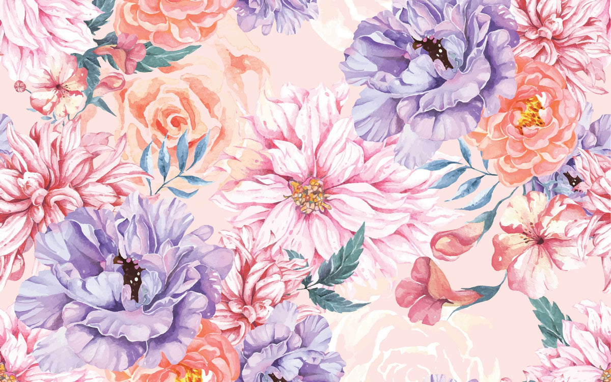 Détail du motif du papier peint panoramique Pivoines aquarelle