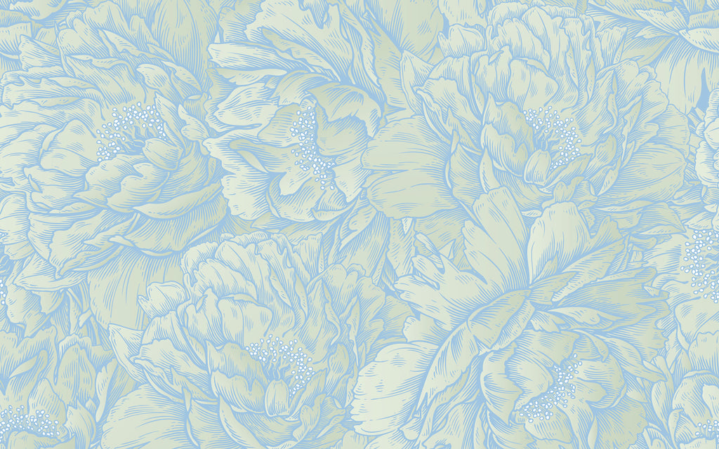 Détail du motif du papier peint panoramique Pivoines ton sur ton