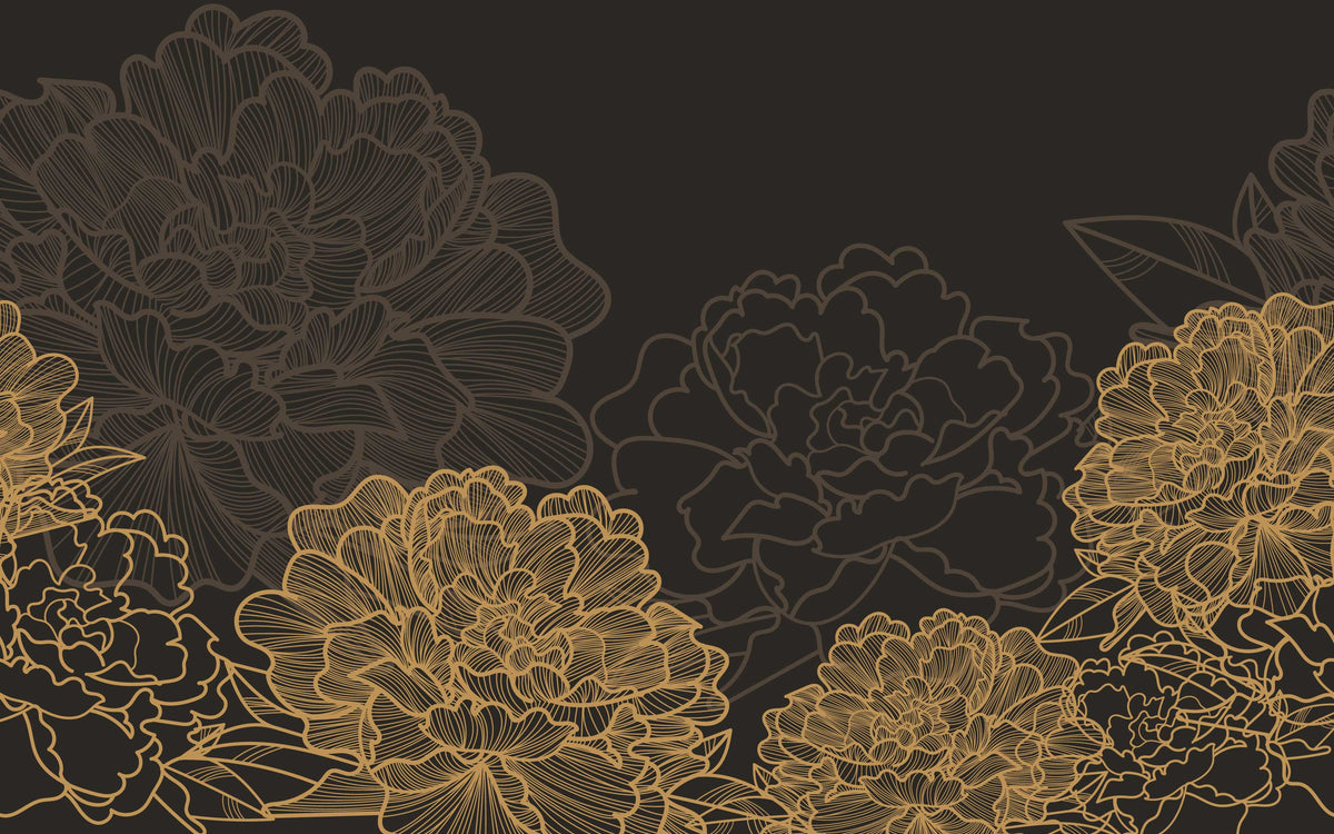 Détail du motif du papier peint panoramique Pivoines dorées