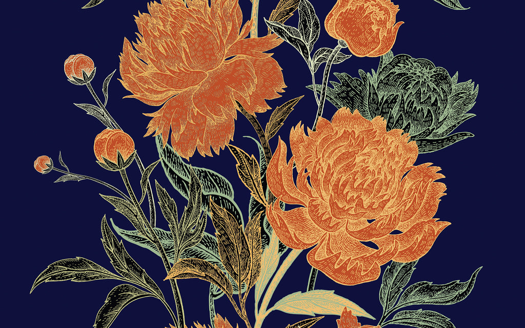 Détail du motif du papier peint panoramique Pivoines