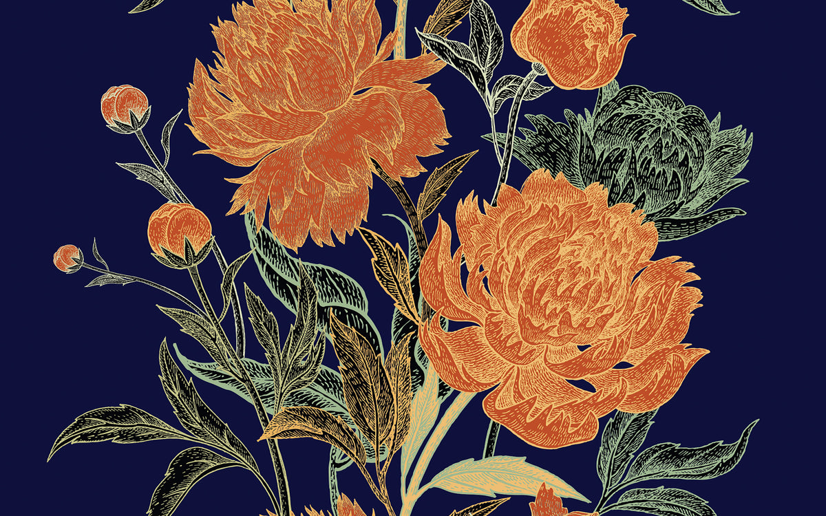 Détail du motif du papier peint panoramique Pivoines