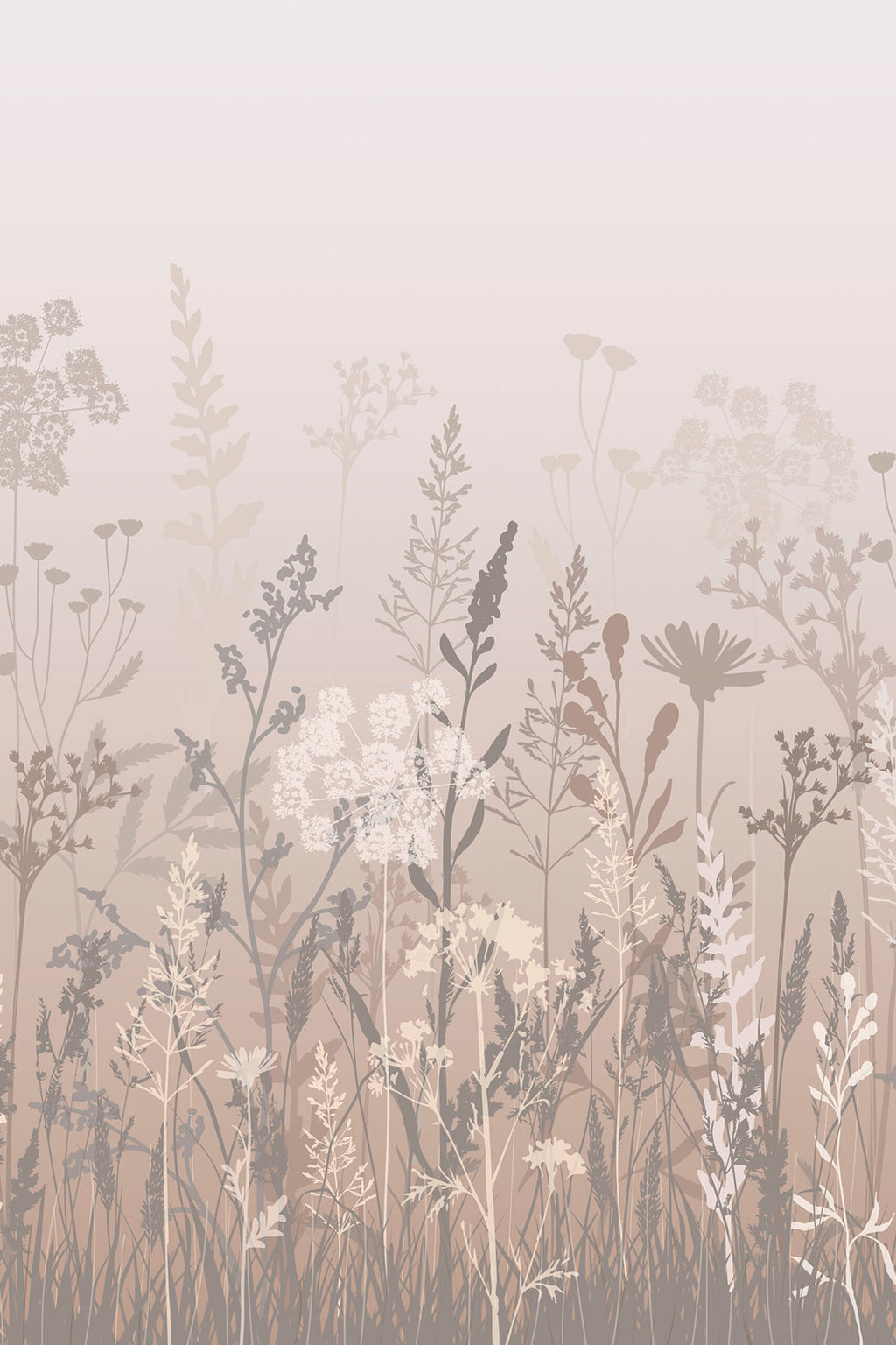 Détail du papier peint panoramique prairie : herbes et fleurs des champs beige et taupe dans la brume