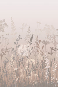 Détail du papier peint panoramique prairie : herbes et fleurs des champs beige et taupe dans la brume