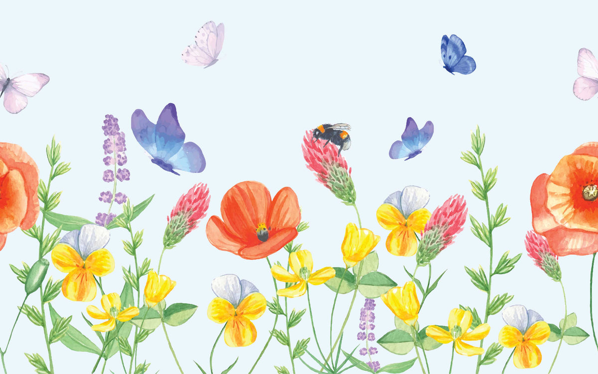 Détail du motif du papier peint panoramique Prairie et papillons