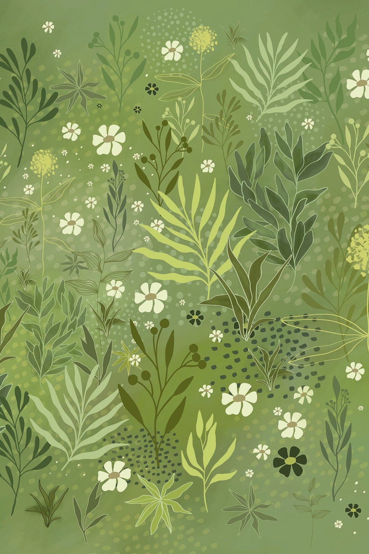 Détail du motif du papier peint panoramique prairie fleurie