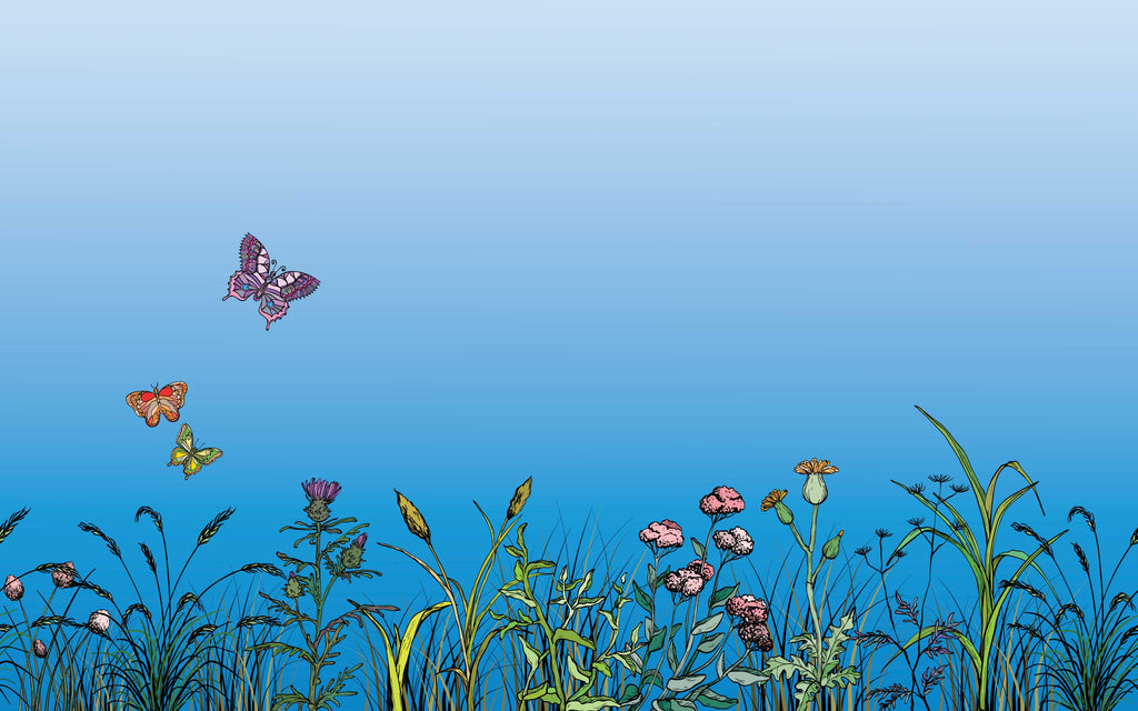 Détail du motif du papier peint panoramique Prairie et ciel bleu