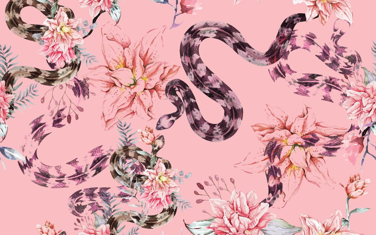 Détail du motif du papier peint panoramique Serpents fleuris