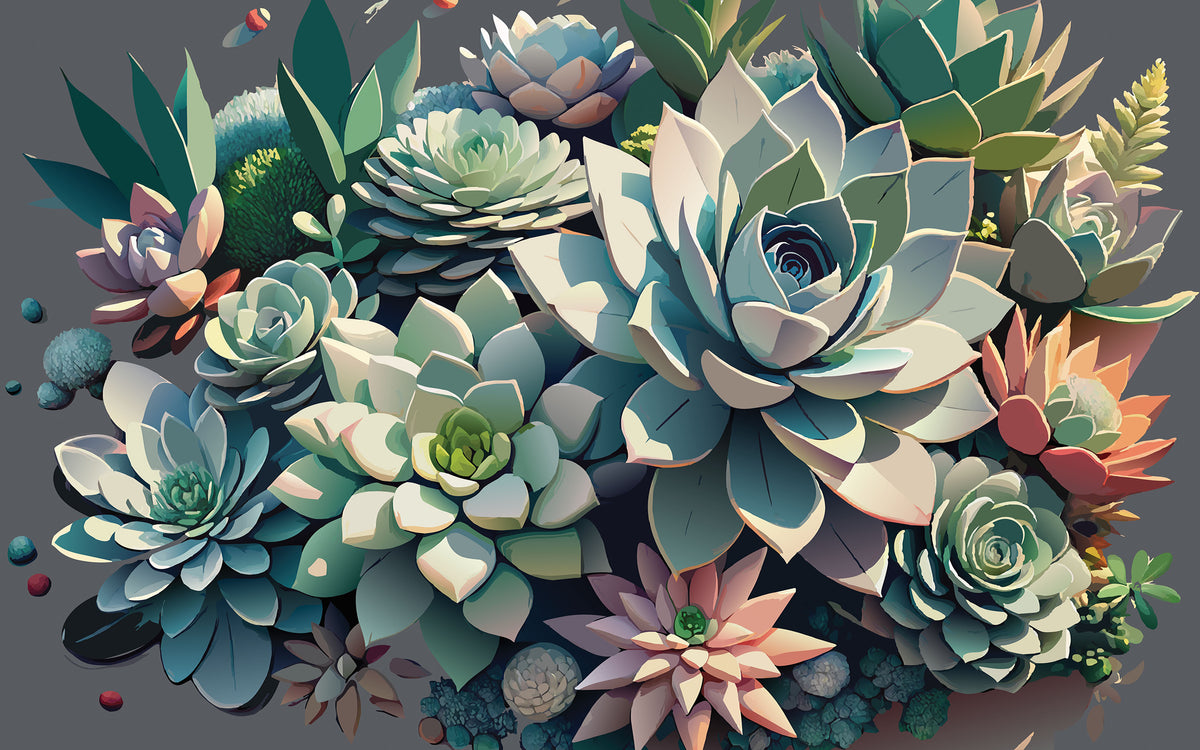 Détail du motif du papier peint panoramique Succulentes en relief