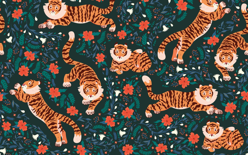 Détail du motif du papier peint panoramique Tigres et fleurs