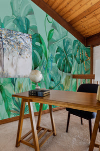 Papier peint panoramique tropical — feuillage émeraude et turquoise