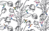 Détail du motif du papier peint panoramique Tulipes et colibris