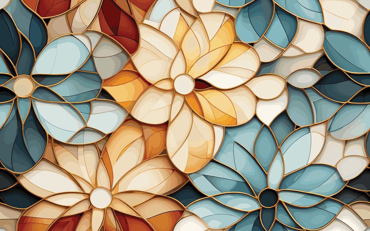 Détail du motif du papier peint panoramique Vitrail floral